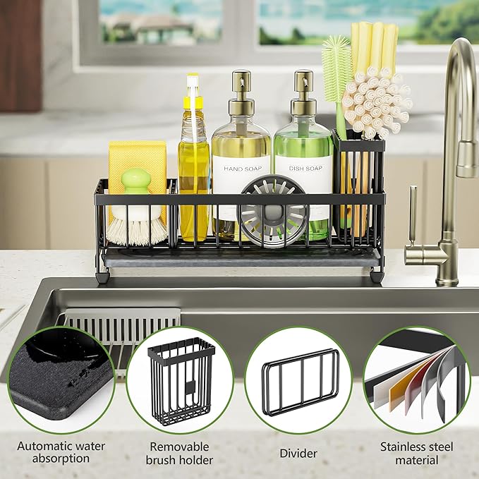 Cisily Extra Large Sink Caddy Organizer with Drying Stone, Black Sponge Holder for Kitchen, Dish Brush Holder for Countertop, Kitchen Decor Storage and Essentials