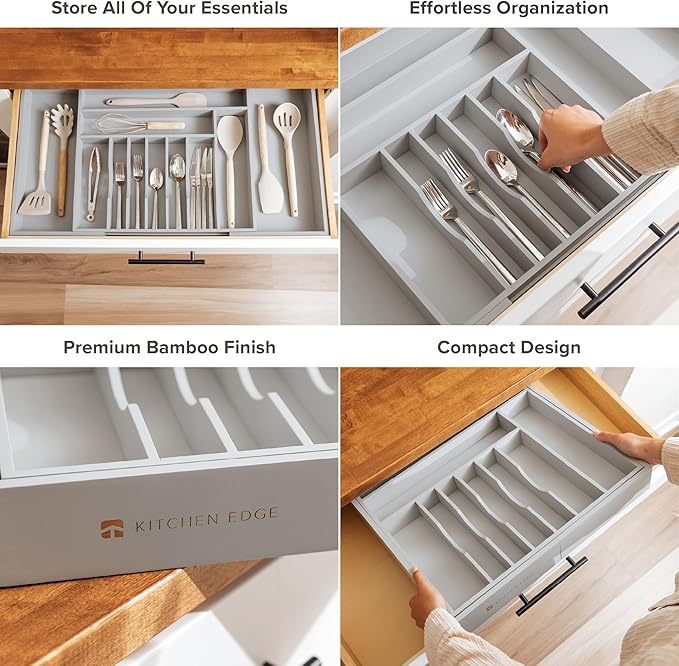 KitchenEdge Premium Silverware, Flatware and Utensil Organizer for Kitchen Drawers, Food-Safe Contract Grade, Expandable from 18 to 33 In, Gray Bamboo