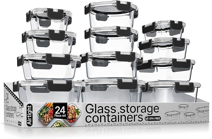 Bakken Borosilicate Glass Food Storage Containers with Lids 24 Pieces, Black