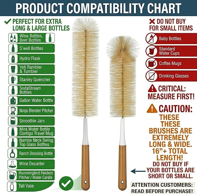 ALINK Extra Large Long Bottle Brush Set - 16" / 15" Long Bamboo Handle Bottle Cleaner for Narrow Neck Beer Wine Bottles, Decanter, Tumblers, Thermos