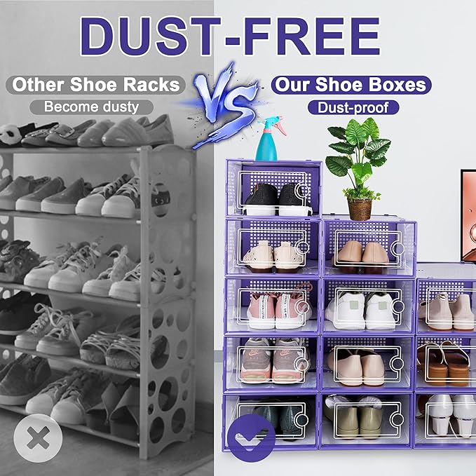 Kuject Shoe Organizers Storage Boxes for Closet, 12 Pack Clear Plastic Stackable Storage Bins with Lids, Under Bed Shoe Containers for Entryway, Drop Front, Fit up to Women's Size 10,Purple