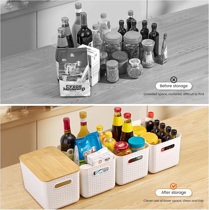 Ohmlove 4 Packs Storage Bins with Bamboo Lids - Plastic Storage Containers with Lids Stackable Storage Box：Storages Baskets for Organizing Desktop