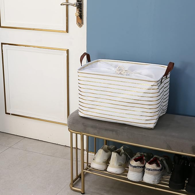 Hinwo 31L Large Storage Bins, 2-Pack Closet Organizers and Storage, Foldable Clothes Storage Baskets with Handles, Containers for Clothing, Blanket, Towels, Toys, Bedding (Gold Stripe)