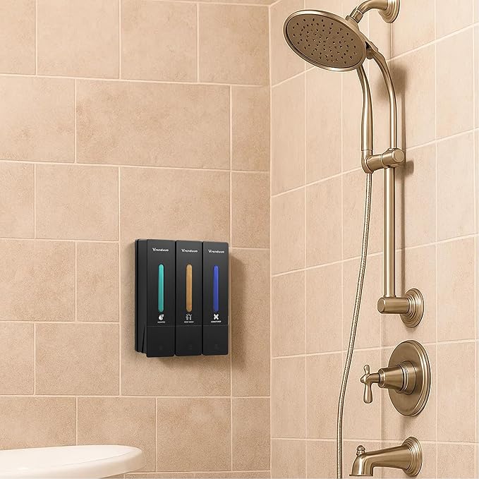 Shampoo and Conditioner Dispenser,Shower Dispenser 3 Chamber No Drill,Shower Soap Dispenser Wall Mounted for Bathroom Hotel with Upgrade Pump Head,3 * 400ml(Black 3 Chamber)