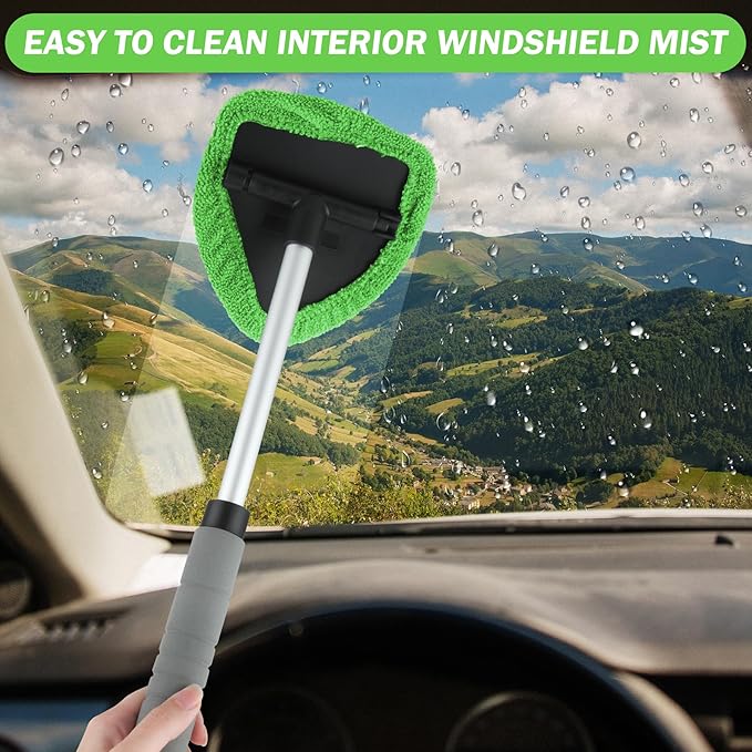 8 Pcs Car Window Cleaner Kit Triangle Shape Include Windshield Cleaning Tool with Extendable Handle 5 Microfiber Bonnets 1 Car Ventilation Brush 1 Empty 50ml Spray Bottle Glass Wiper Kits, Green