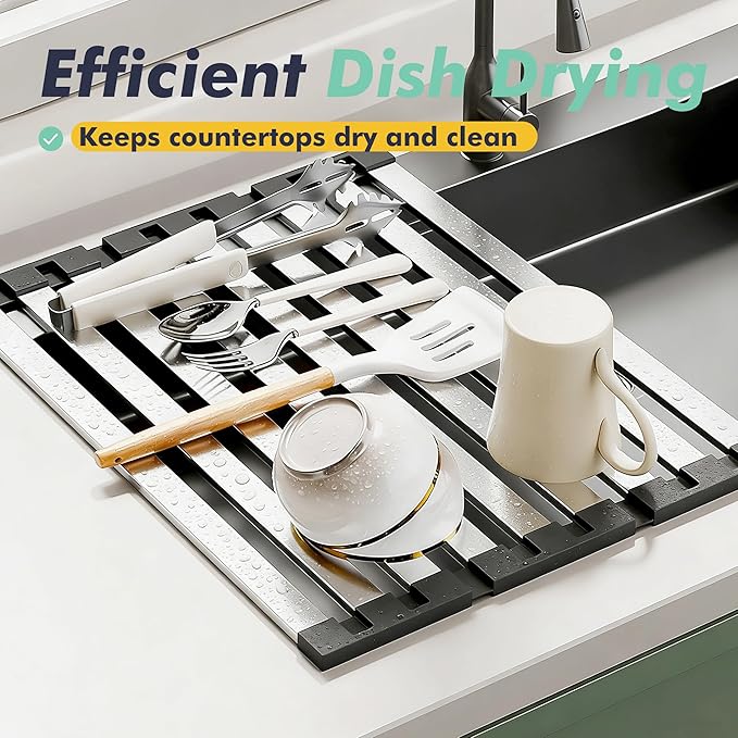 Roll Up Dish Drying Rack, 17.7" x 12.8" Over Sink Stainless Steel Rack, Foldable Heat-Resistant Dishes Drainer for Kitchen and RV Sink Counter (Black-17.7" x 12.8")