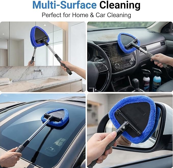 Car Windshield Cleaner Tool (2-Pack) with Extendable Handle, Inside Auto Window Glass Cleaning Kit with 8 Washable Microfiber Pads & Spray Bottle