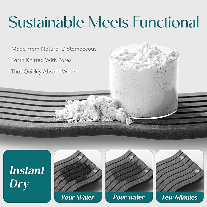 Water Absorbing Stone Tray for Sink, Diatomite Drying Stone for Kitchen Bathroom Counter, Decorative Raised-Feet Vanity Tray, Sink Caddy Organizer for Dish Soap & Sponge Holder [Dark Grey, 12'' x 4'']