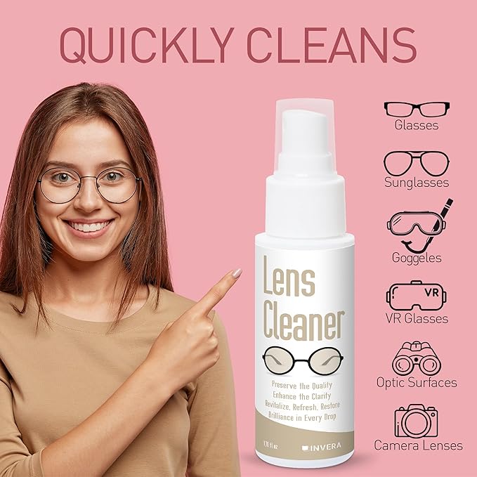 invera Eyeglass Cleaner Spray with Microfiber Cloth Kit, Lens Cleaner for Eyeglasses, Sunglasses, Camera Lenses & Electronic Screens, Gentle, Odor-Free, Compact 1.7 fl oz Lens Cleaner Spray