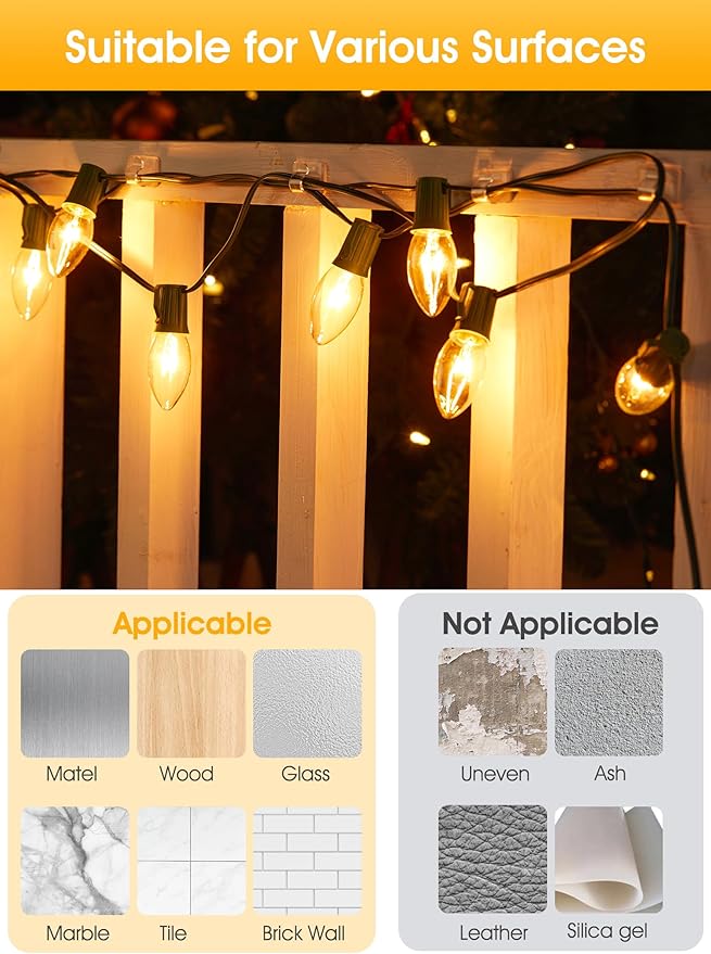 Brightown Hooks for Outdoor String Lights, 15 Cable Clips and 20 Adhesive Strips, Cord Organizer for Indoor Outdoor String Lights Christmas Decor, Cable Management for Wall Desk Ceiling, Clear