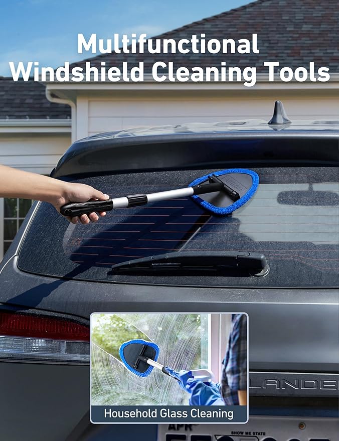 AstroAI 32" Windshield Cleaner Tool, Car Interior Window Detailing Cleaning Kit with Extendable Handle and 4 Easy-to-Install Reusable Microfiber Pads