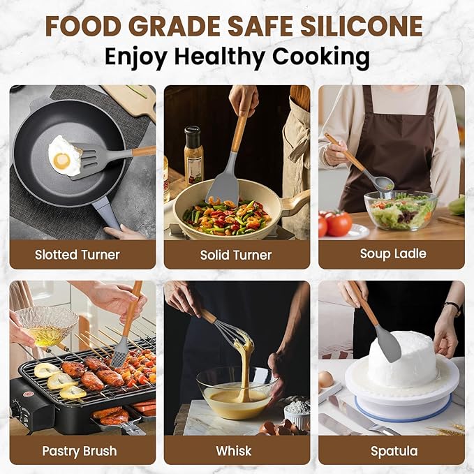 Kitchen Utensils Set - 12 Pcs Silicone Cooking Utensils Set with Wooden Handle - Heat Resistant Non-Stick BPA Free Spatula Set,Turner, Spoon, Brush, Silicone Kitchen Gadgets Utensil Set