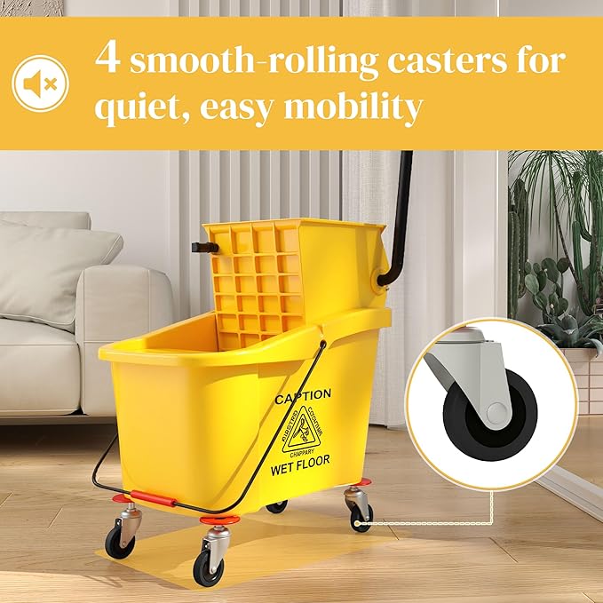 HOMCOM Mop Bucket with Wringer on Wheels for Floor Cleaning, 38 Quart Down Press Wringer with Handle and Mop, Yellow