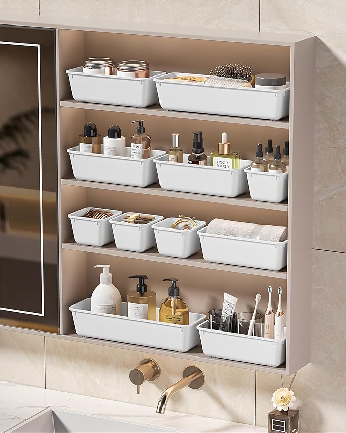 25 PCS Plastic Drawer Organizers Set, 4 Sizes Vanity Organizer, White