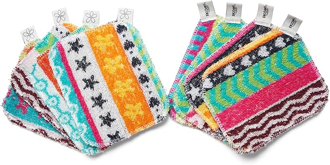 Skoy Scrub, 8-Pack Reusable, Non-Scratching Dish Scrubber for Kitchen and Household Cleaning, Planet-Friendly, Dishwasher Safe Soft Scrub, Assorted Colors and Designs
