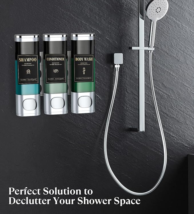 Luxspire Shampoo and Conditioner Dispenser, No Drill Wall Mounted Shower Soap Dispenser 3 Chamber with Waterproof Labels, Easy Refill Soap Dispenser for Bathroom Hotel Kitchen, Silver