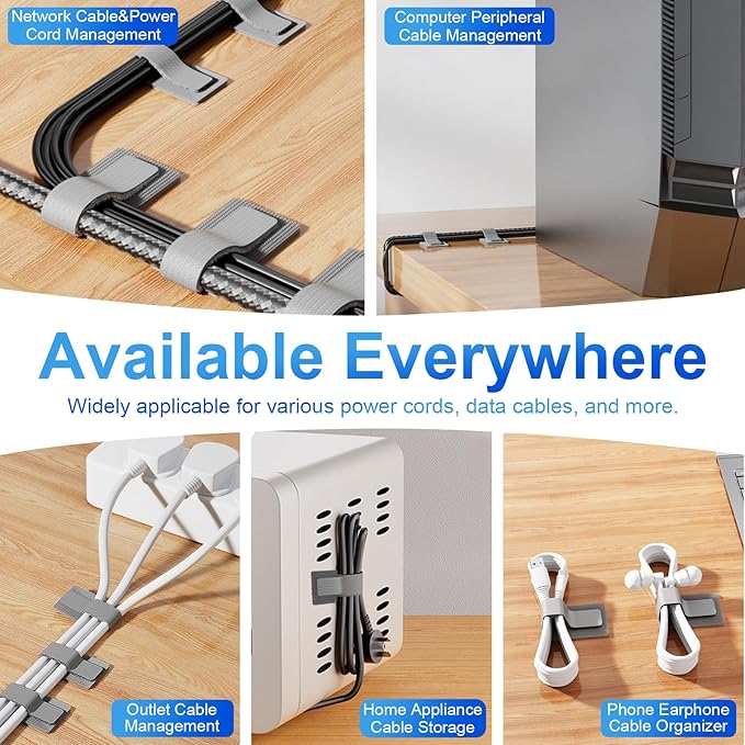 80Pcs Hook and Loop Cable Ties Under Desk Cable Management Adhesive Strips for Cord Hider Wire Organizer Computer Accessories for Desk Home Office Organization Essentials - Gray