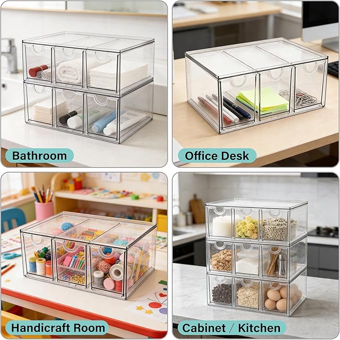 Prsildan Acrylic Makeup Organizer, 3 Pack Stackable Storage Drawers with 9 Drawers for Office Desk Vanity Craft Room Clear Drawer Organizers for Hair