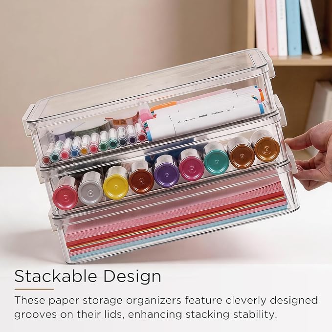 Citylife 5 PCS 6 Qt Plastic Storage Bins with Lids and Latches, Portable Project Case for Drawers, Clear Stackable File Box for Organizing A4 Paper, Letters, Documents, Art Supplies, and Crafts