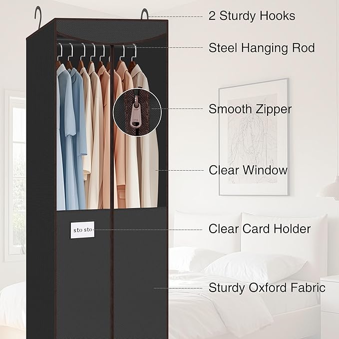 STO STO 2 Pack Garment Bag for Hanging Clothes Closet, Hanging Garment Cover with Built-in Steel Hanging Rod, Hanging Wardrobe Storage Bag for Suit, Dress with Clear Window, Zipper, ID Card, Black