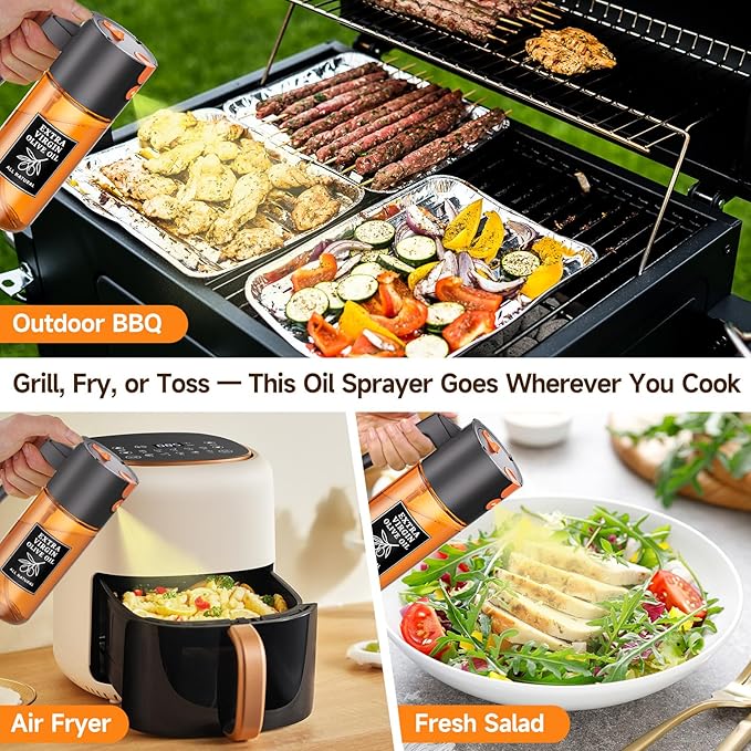 500ml Black Oil Sprayer and Dispenser, 2-in-1 Glass Spray Bottle for Air Fryer, BBQ, Salad, Baking, Refillable Leak-Resistant Oil Mister