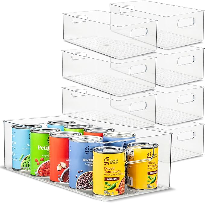 Plastic Food Storage 8 Pack Clear Container Bin with Handles for Organizing Kitchen, Pantry, Refrigerator, Freezer, Pantry, Cabinet, Closet