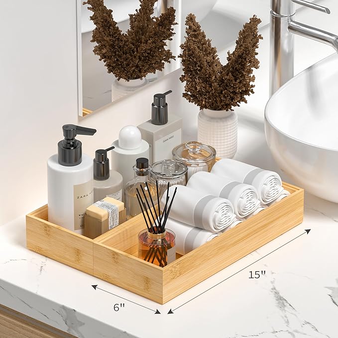Kitchen Drawer Organizer Tray, Stackable Bamboo Deep Drawer Organizer for Large Silverware, Utensils, Cutlery, Flatware,Junk Drawer, Dresser, Bathroom