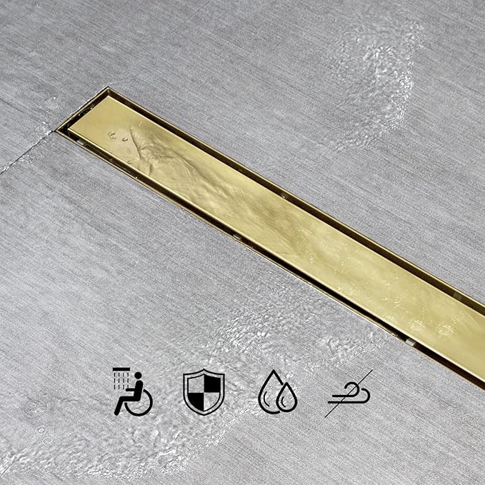 SaniteModar Linear Shower Drain, Gold Shower Drain 32 inch with 2 in 1 Tile Insert and Flat Panel