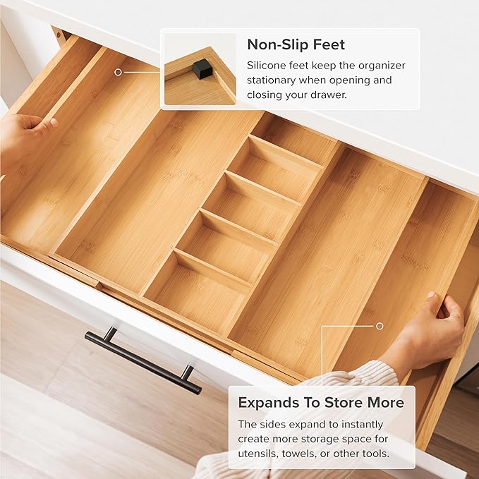 KitchenEdge Adjustable Kitchen Drawer Organizer for Utensils and Junk, Food-Safe Contract Grade with 100% Sustainable Wood