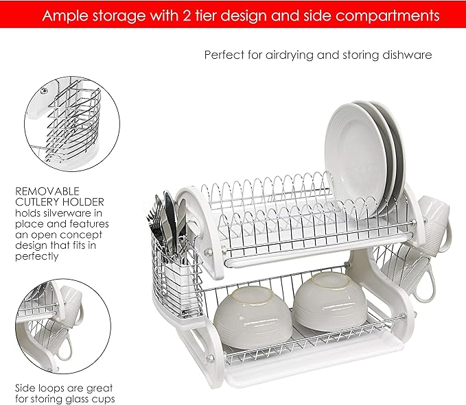 Home Basics Plastic 2-Tier Dish Drainer Rack, Air Drying and Organizing Dishes, Side Mounted Cutlery Holder, White