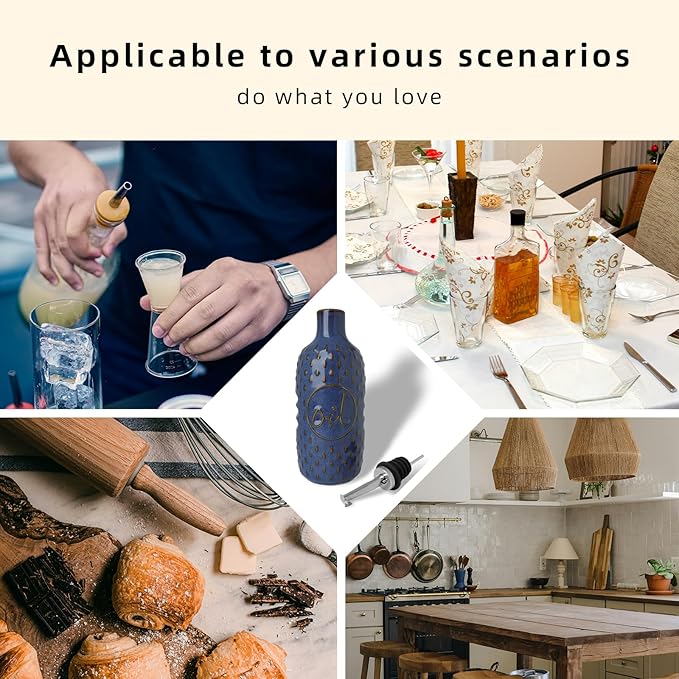 GDCZ Ceramic Olive Oil Dispenser Bottle, 13 Oz Relief Opaque Oil Cruet, Oil Dispenser for Kitchen Counter, for Storage Oil, Vinegar, Soy Sauce, Coffee Syrup, Liquids (Blue)