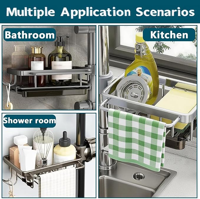 Kitchen Sink Faucet Organizer,Sponge Holder Caddy Rack Multifunction Shelf for Soap,Dish Accessories, Adjustable for 0.7-1.1 Inch Round Water Pipe (Either Side Silver)