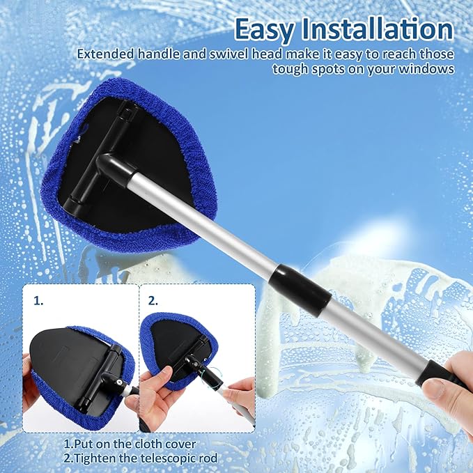 Windshield Cleaning Tool, Car Window Cleaner with Extendable Long Handle and 4 Washable Reusable Microfiber Pads and Spray Bottle