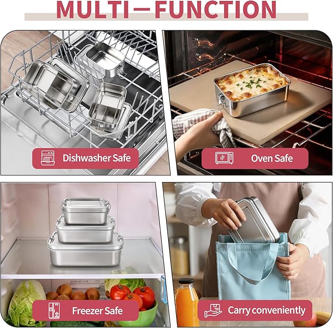TeamFar Stainless Steel Bento Box, 3 Pack (18.6 & 28 & 47oz) Metal Lunch Box with 3 Compartments for Adults/Kids, Lunch Food Containers for School/Work/Meal Prep, Leak-Proof, 550ML+850ML+1400ML