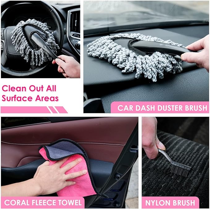 Viewsun Windshield Cleaner Tool, 17Pcs Pink Car Interior Cleaning Kit, Detailing Kit Cleaner, Detailing Brush, Cleaning Gel, Inside Cleaning Supplies Accessories for Women Girl Gift