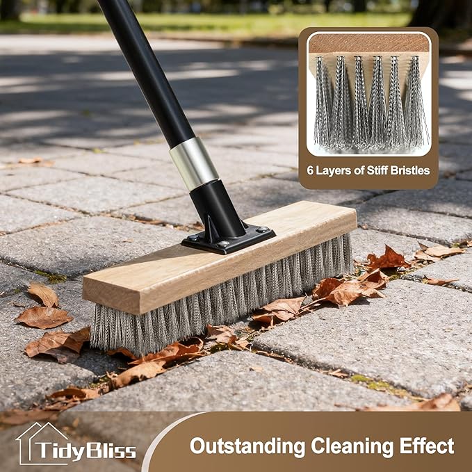 Stainless Steel Wire Scrub Brush with Long Handle, Heavy Duty Stiff Metal Broom Scrubber, Outdoor Moss Removal for Concrete Floor, Deck, Garden, Patio, Roof, Brick, Garage, Swimming Pool