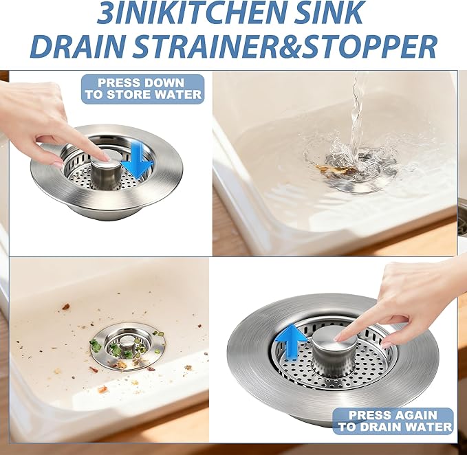 3-in-1 Stainless Steel Kitchen Sink Drain Strainer – Pop-up Sink Stopper with Sealing Ring, Anti-Clog & Odor-Proof Drain Filter, Fits 3-1/2 Inch Sink Drain Holes, Easy Installation