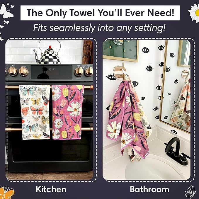 Double Sided Microfiber Hand Towels, 17x27 Inches Waffle Design Kitchen Towels Set, Durable & Soft Fast Drying Hand Wash Cloth, Everyday Use Dishcloth at Home (Wings & Flower Farm- Purple/Cream)