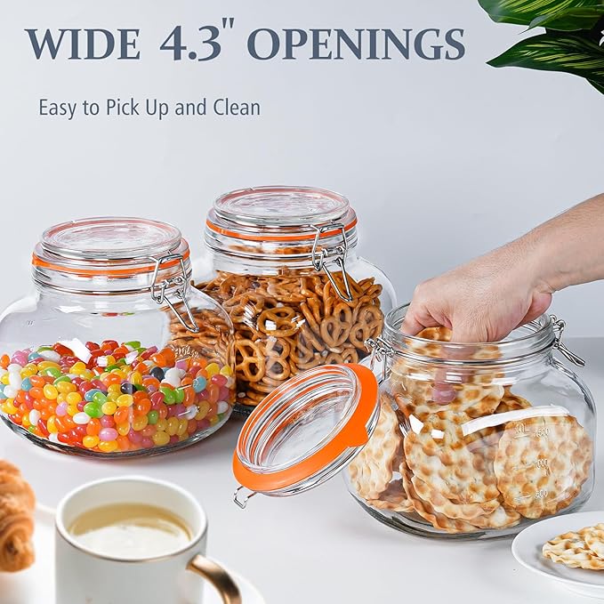 Large Glass Jars with Airtight Lid, 2 Pack Glass Food Storage Jars with 2 Scale Marks, Square Glass Canisters for Flour, Cereal, Coffee, Pasta