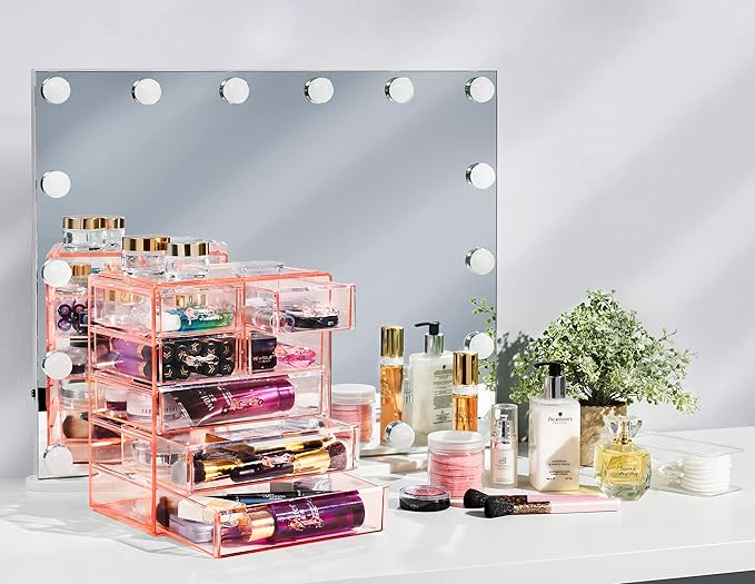Sorbus Acrylic Makeup Organizer Set, 7-Drawer Vanity & Countertop Cosmetic Storage with Small & Wide Drawers, Pink Makeup Storage for Brushes