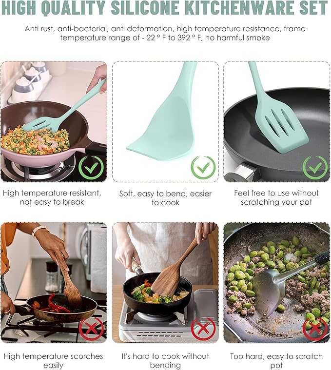Kitchen Utensils Set-12 Pieces Silicone Cooking Utensils Set (Dishwasher Safe) 392°F Heat Resistant Spatula Set,Kitchen Utensil Set for Nonstick Cookware,Best Kitchen Tools with Holder