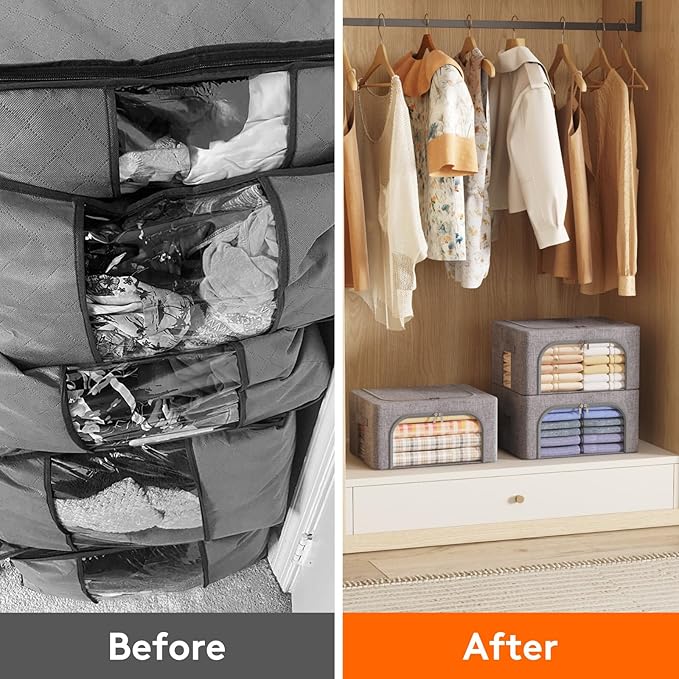 Lifewit Clothes Storage Bins with Metal Frame, Stackable Storage Box, Foldable Clothing Storage Bins with Lids, 40L Storage Bags Fabric Box Organizer with Clear Window＆ Zippers＆ Sturdy Handles 8 Pack