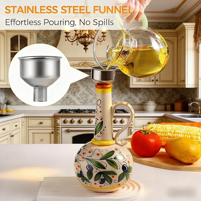 Ceramic Olive Oil Dispenser Bottle 23oz, Large Olive Oil Container for Kitchen, Oil & Vinegar Cruet with Stainless Steel Spout, Ceramic Oil Dispenser with Handle, Drip-Free Cooking Cruet (B)