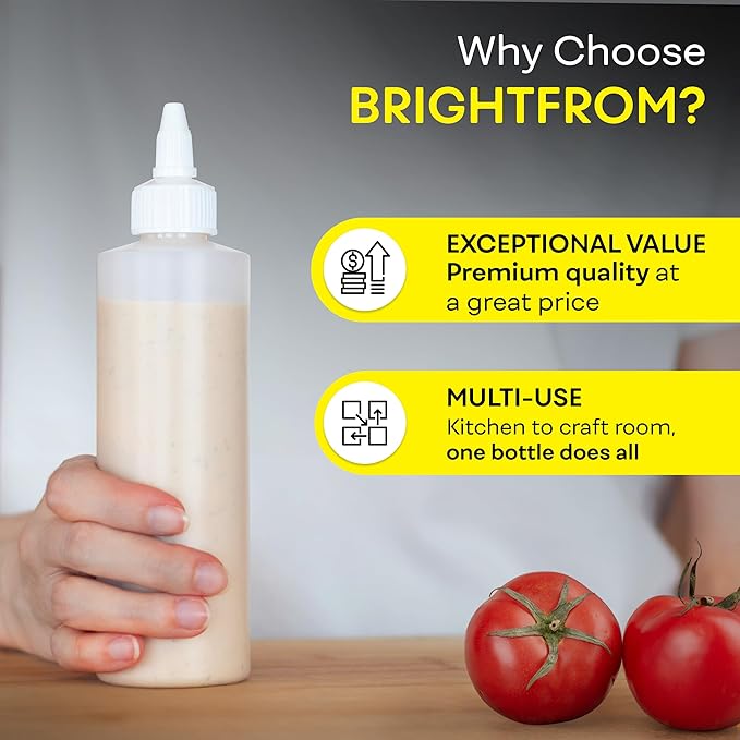 BRIGHTFROM Condiment Squeeze Bottles, 8 OZ Empty Squirt Bottle with Twist Top Cap, Leak Proof - Great for Ketchup, Mustard, Syrup, Sauces, Dressing, Oil, Arts and Crafts, BPA FREE Plastic - 2 PACK