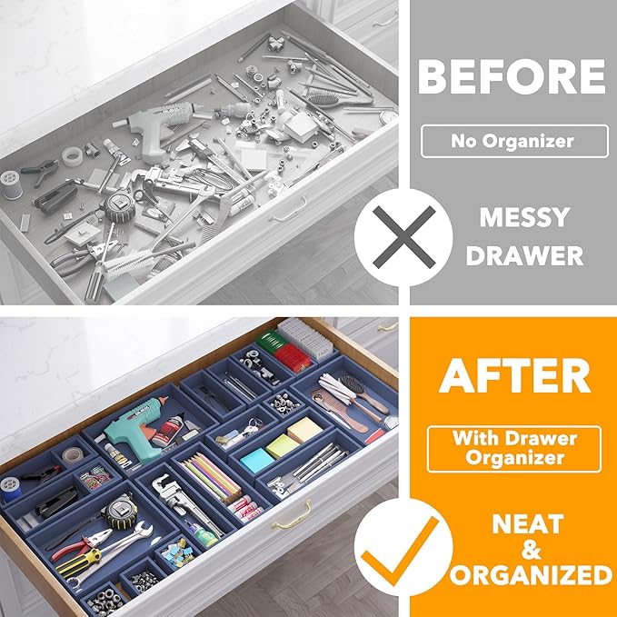 SpaceAid 21-Piece Bamboo Drawer Organizer Storage Boxes Set, Wood Tray Junk Drawer Organizers Multi-Use Divider Bins for Kitchen, Bathroom, Office Desk and Makeup Organization (21 Pack, Navy Blue)