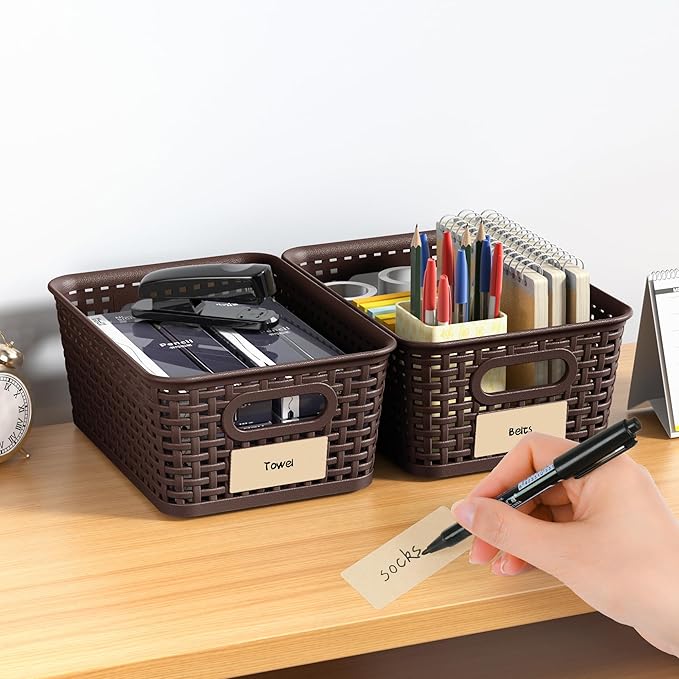 Brown Plastic Storage Baskets - Pack of 8 with Labels Stackable Durable Storage Bins, Storage Containers for Organizing Desktops, Closets, Playrooms