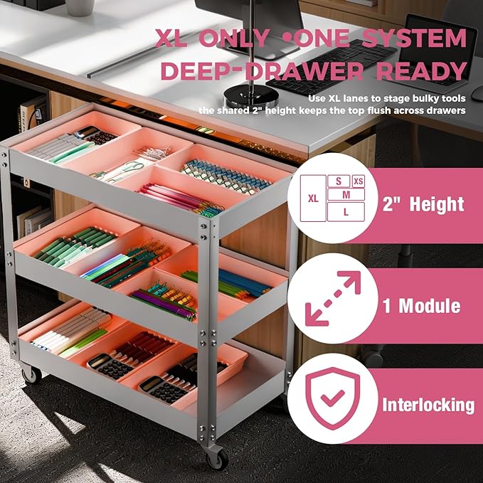 Pink Drawer Organizer Trays with Non-Slip Pads, 6 PCS Extra-Large