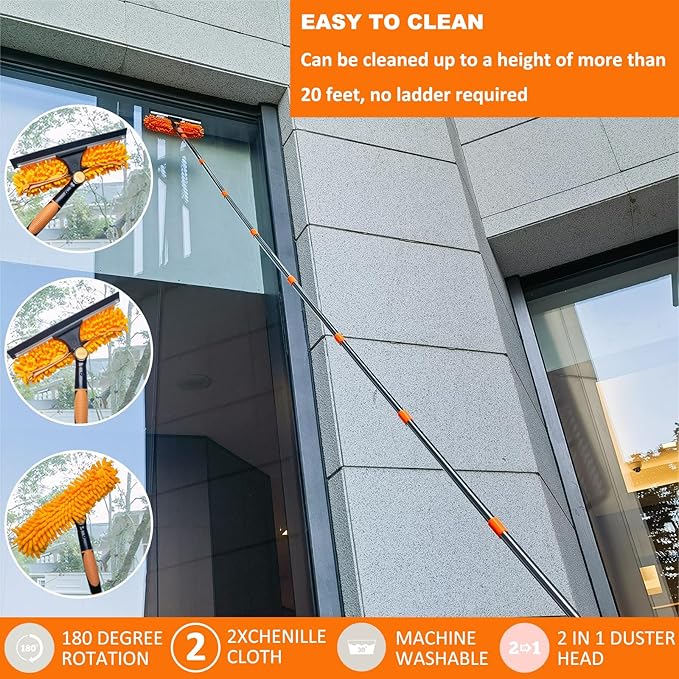 20+ Ft Window Washing Squeegee - 2 in 1 with 3-14 Ft Extension