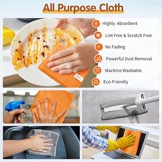 FIXSMITH Microfiber Cleaning Cloth -Pack of 8, Highly Absorbent Cleaning Rags(Grey&Orange), 16"X12" All Purpose Cleaning Towels for Housekeeping, Kitchen, Car, Reusable Microfiber Towels