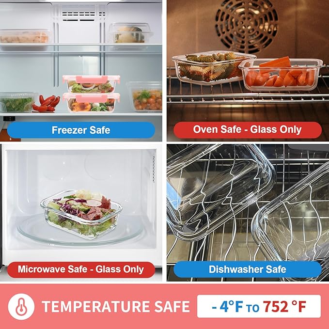 GULFLIN Glass Meal Prep Containers 12-Pack, 22oz Glass Food Storage Containers with Lids, Air-Tight, Leak-Resistant